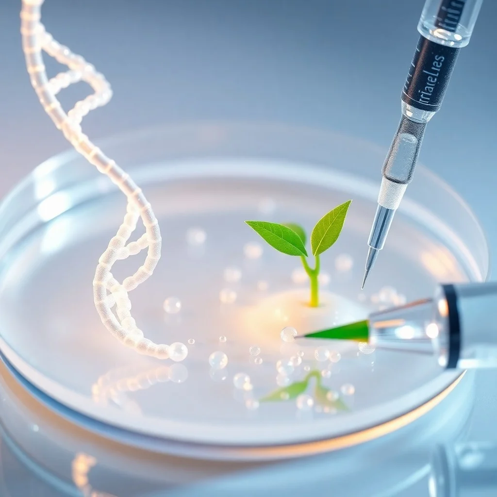 Entorno de laboratorio estéril con un microscopio de alta resolución enfocado en una placa de Petri que contiene cultivos celulares brillantes, rodeado de herramientas científicas.