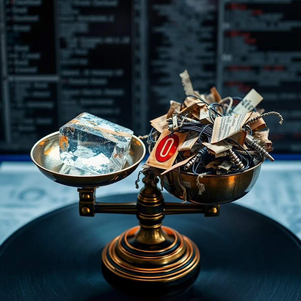 Un cerebro estilizado hecho de circuitos digitales, rodeado de paquetes de datos verdes y rojos, simbolizando el pensamiento crítico y la evaluación de información.