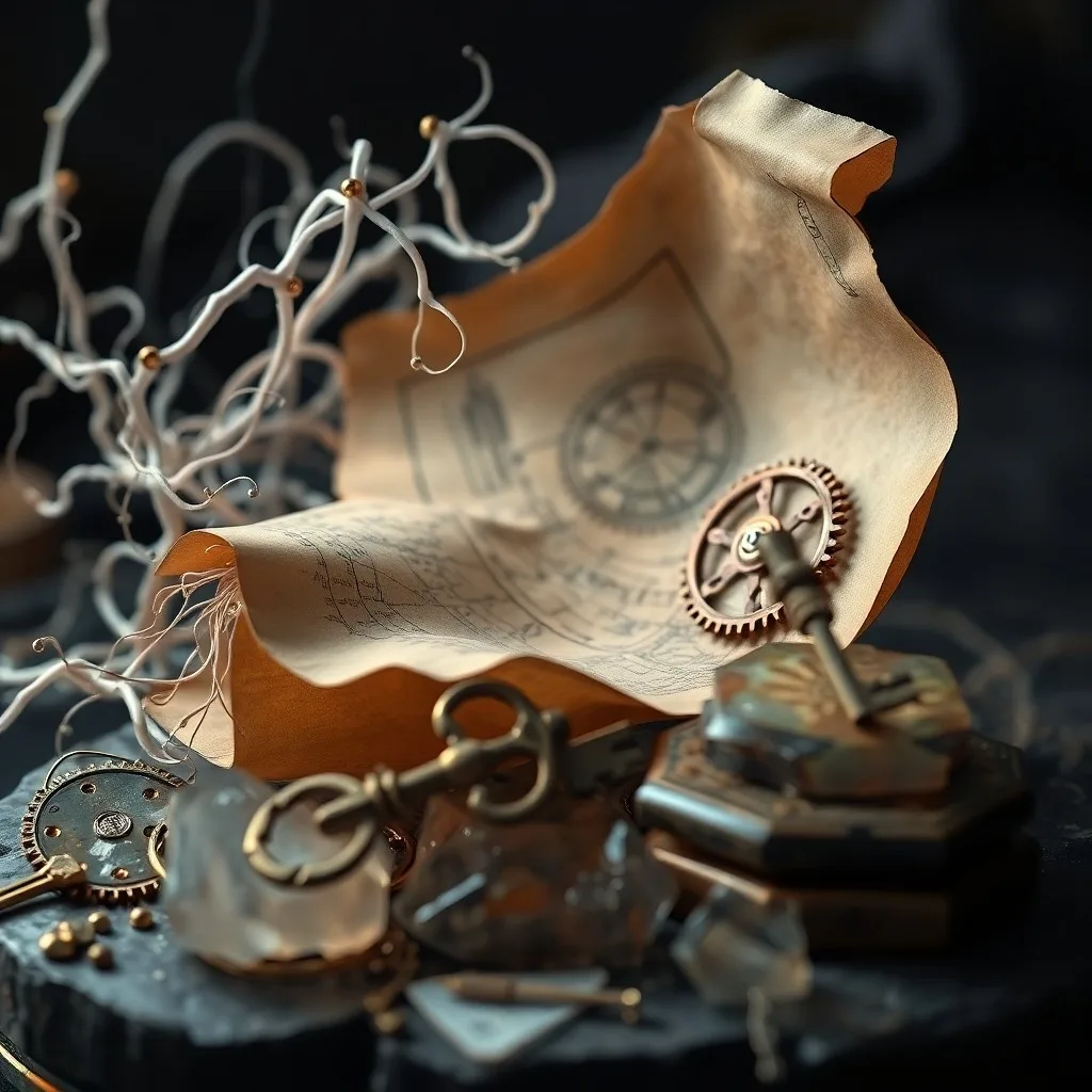 Renderizado 3D conceptual de un palacio de la memoria con caminos luminosos que conectan objetos simbólicos como estatuas en miniatura y formas geométricas flotantes.