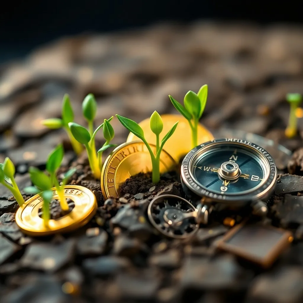 Pintura de acuarela de una flor de loto floreciendo, rodeada de monedas antiguas y una brújula, simbolizando las oportunidades de crecimiento en mercados emergentes.
