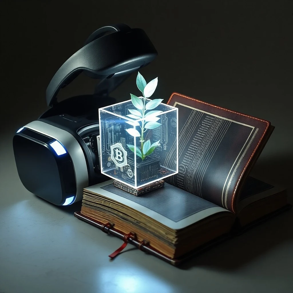 Moneda digital brillante y contrato holográfico sobre una mesa de madera oscura, con un fondo de red blockchain abstracta.