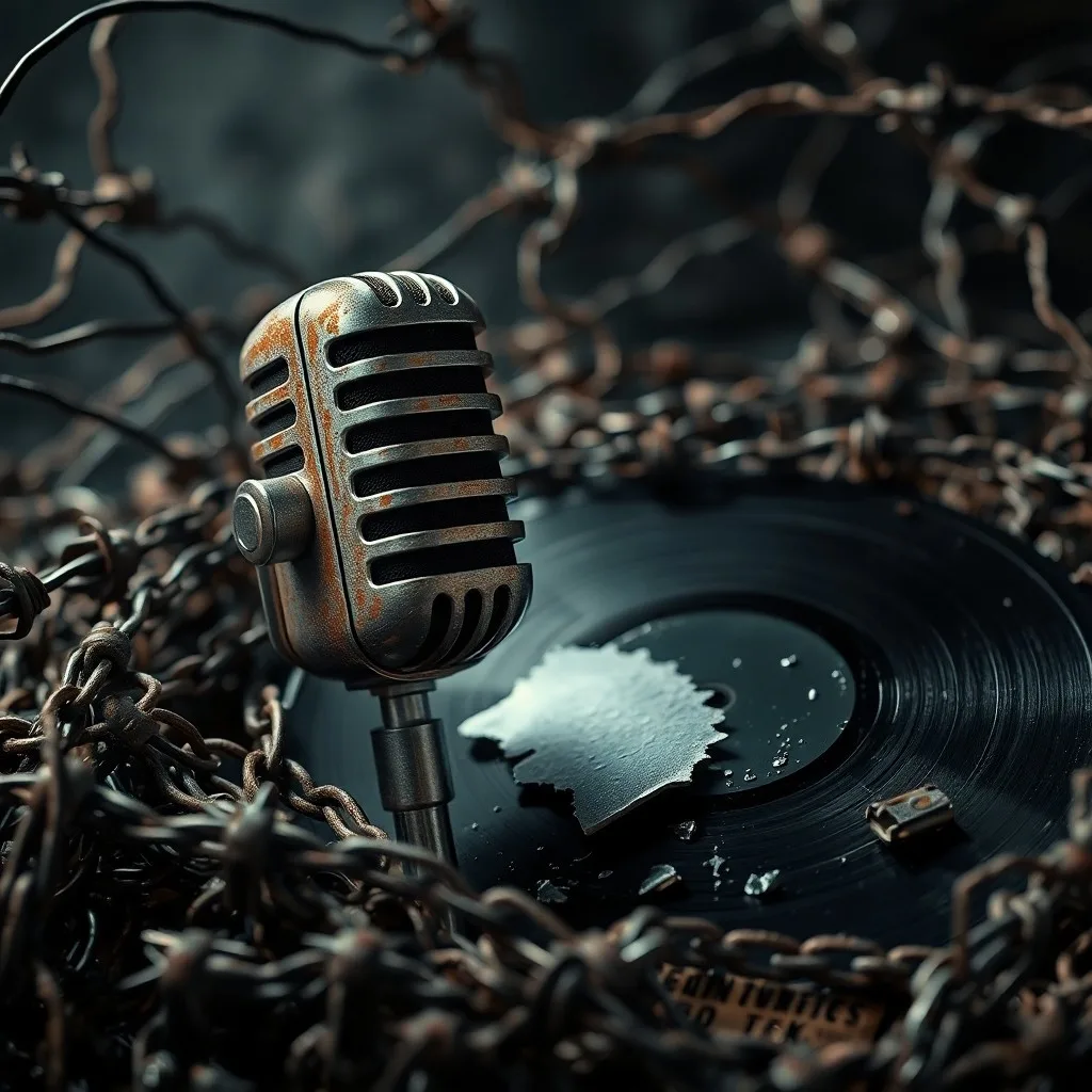 Una consola de mezcla de audio vintage con muchos faders y botones, un micrófono de estudio clásico y partituras dispersas con notas manuscritas, bajo una iluminación dramática.
