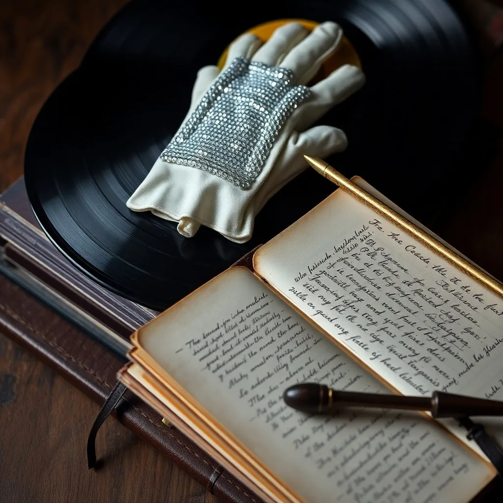 Primer plano macro de notas musicales fragmentadas que giran alrededor de un micrófono de cristal roto, evocando la naturaleza efímera y poderosa del legado musical de un ícono, con un fondo cósmico y surrealista.