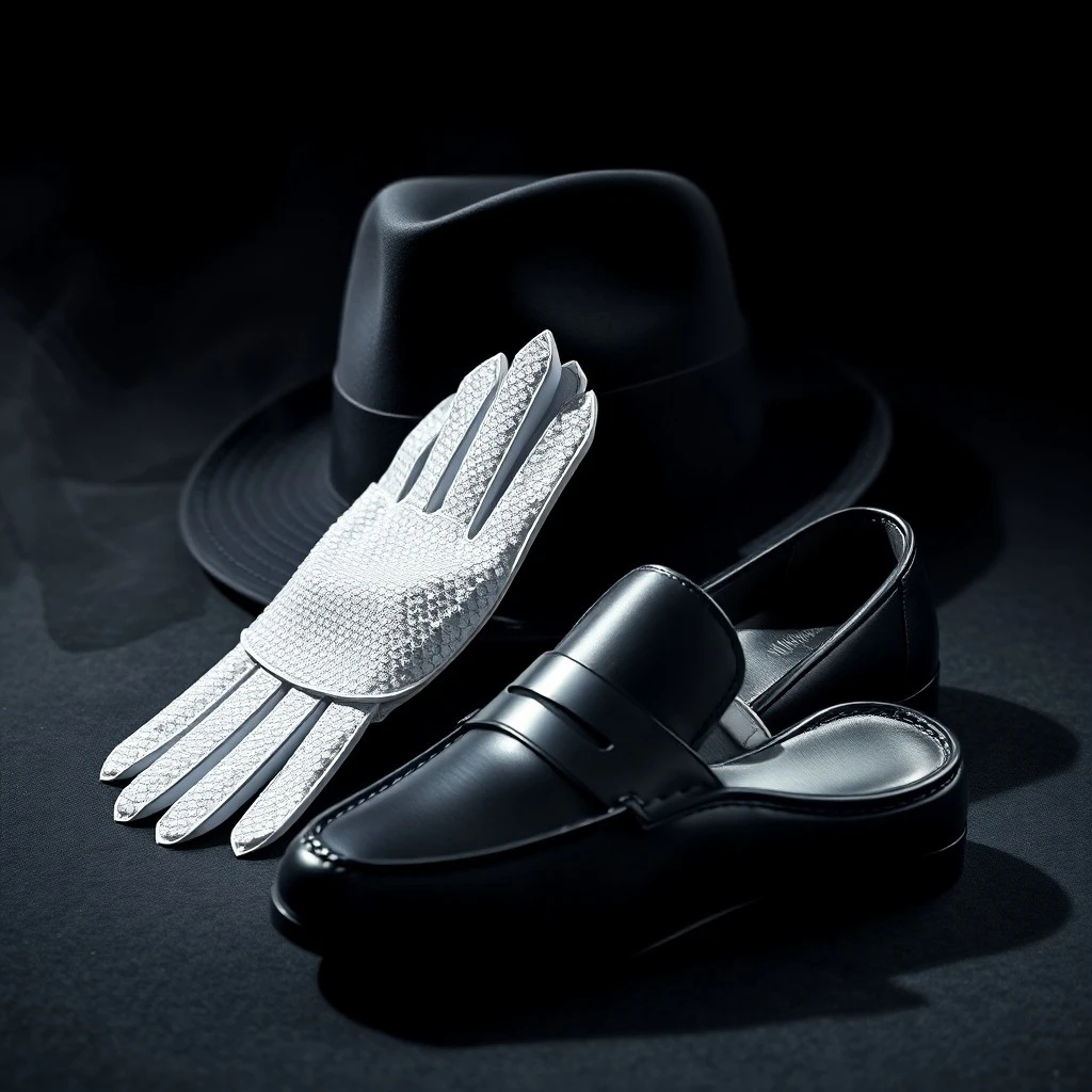 Un sombrero fedora y un guante blanco con lentejuelas sobre un escenario, evocando la teatralidad de un icono musical.
