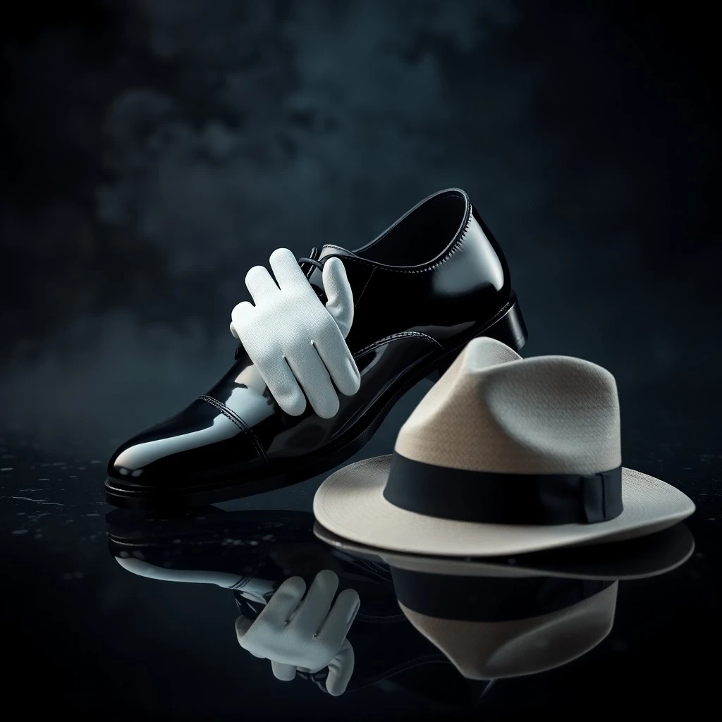 Un sombrero fedora blanco y un guante brillante con lentejuelas descansando sobre un suelo de club nocturno pulido, iluminado por luces de neón azules y púrpuras, capturando la atmósfera de la época.