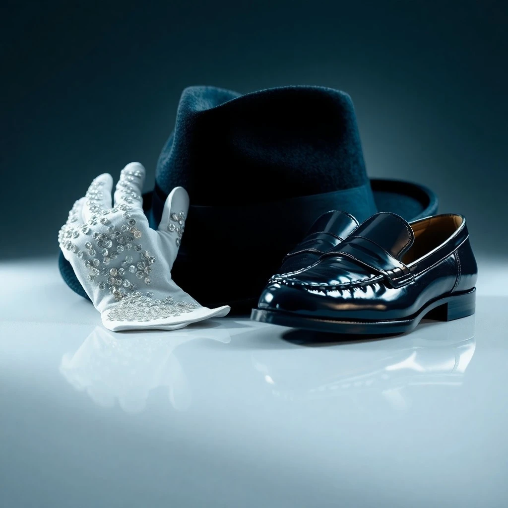 Fotografía cinematográfica de un par de zapatos de baile negros desgastados y un guante blanco con lentejuelas sobre un escenario de madera pulida, iluminados por un foco dramático.