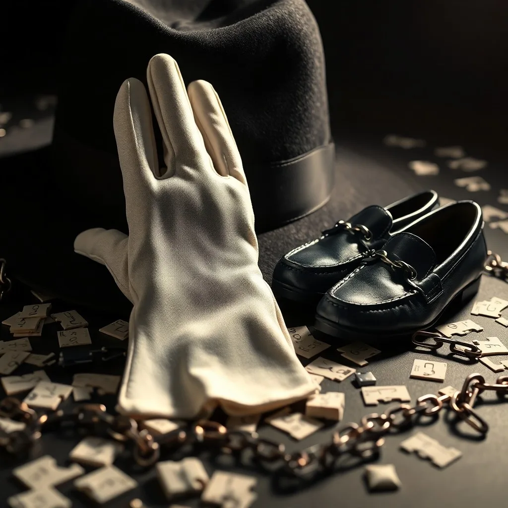 Un sombrero fedora y un guante blanco con lentejuelas descansando sobre un escenario de madera pulida bajo un foco dramático, con notas musicales difusas alrededor.