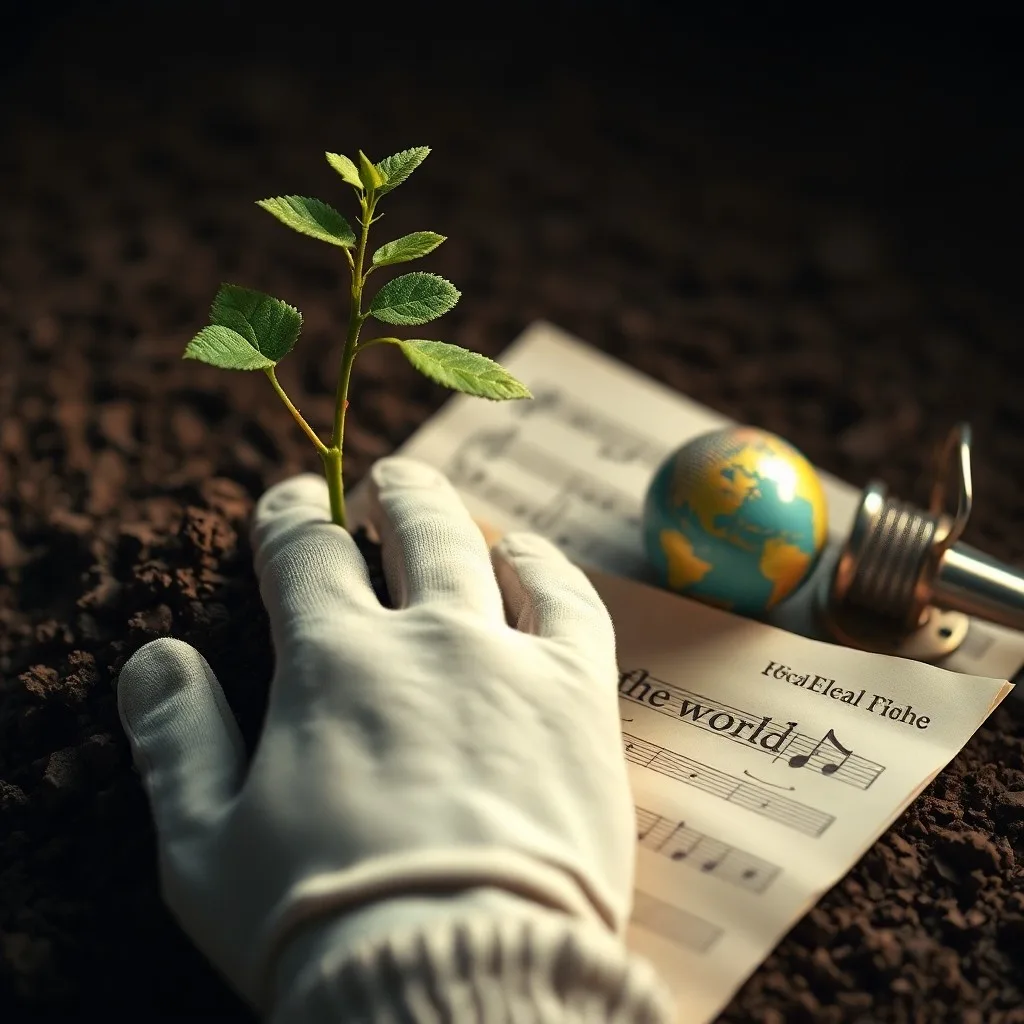 Un globo terráqueo vintage sobre un escritorio, rodeado de recortes de periódicos antiguos sobre ayuda humanitaria global y un pin 'Heal the World', con luz dramática.