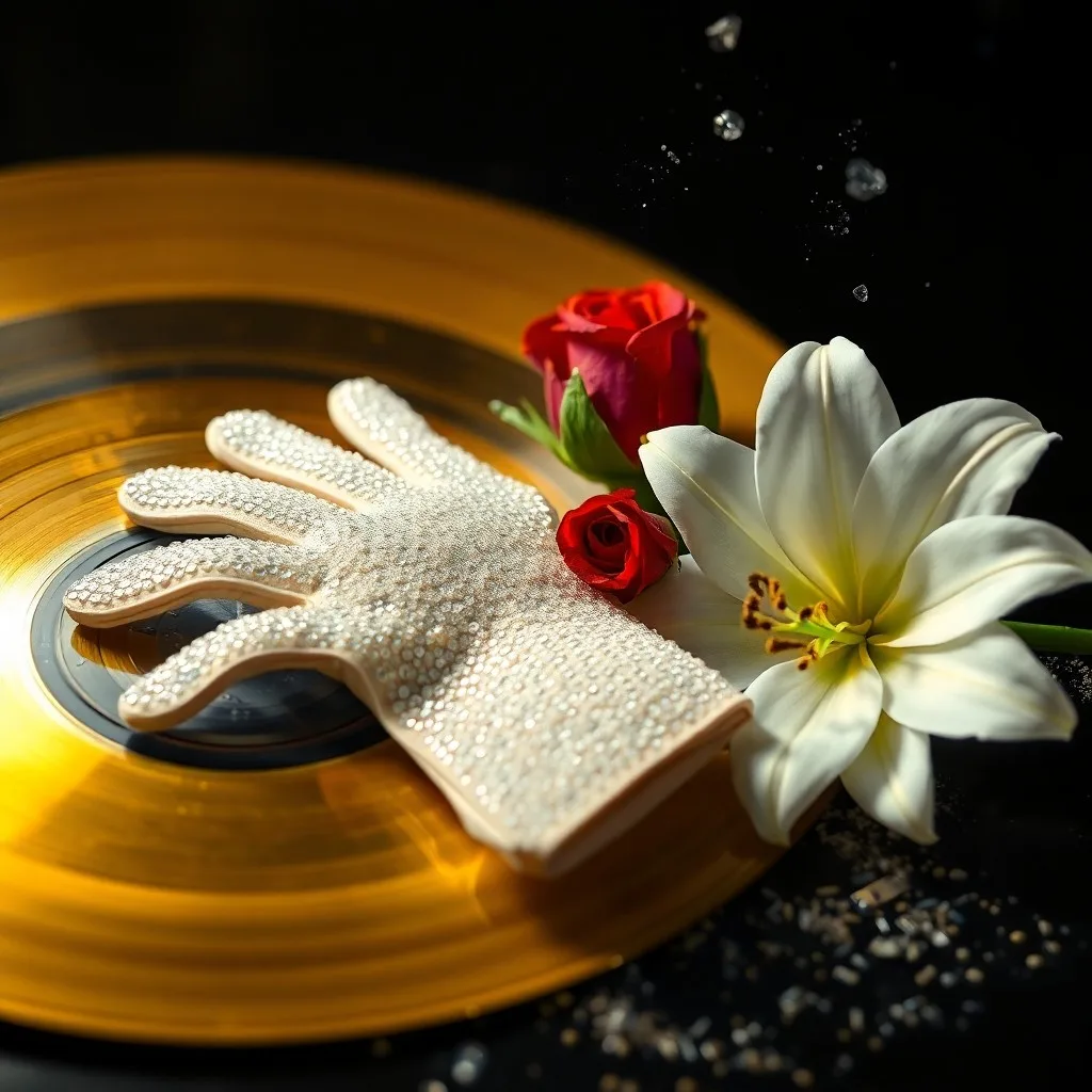 Primer plano extremo de un disco de vinilo dorado ligeramente desgastado, con el reflejo de luces de estudio, sobre un cojín de terciopelo oscuro, rodeado de partituras manuscritas. No hay figuras humanas.
