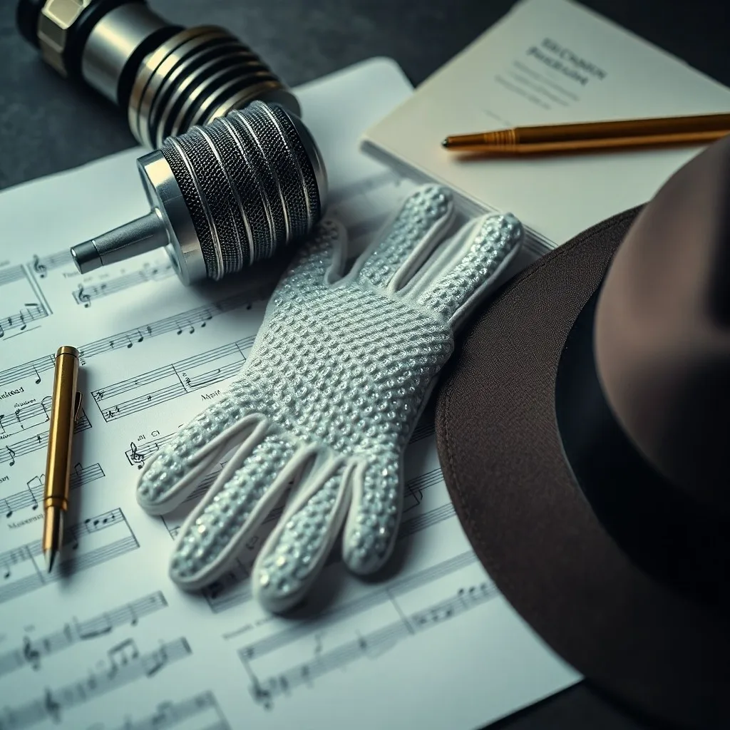 Una partitura musical antigua, con notas escritas a mano y correcciones, iluminada por una lámpara de estudio sobre una mesa de mezclas vintage, simbolizando la ardua labor de composición y producción.