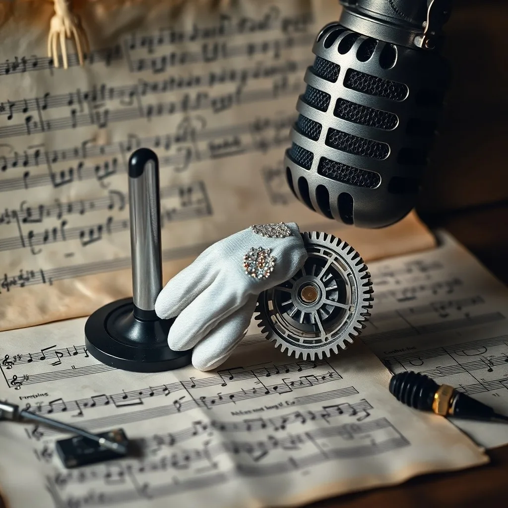 Un tocadiscos vintage con un disco de vinilo girando, rodeado de notas manuscritas, un micrófono clásico y auriculares de estudio, en un ambiente de creatividad y nostalgia musical.