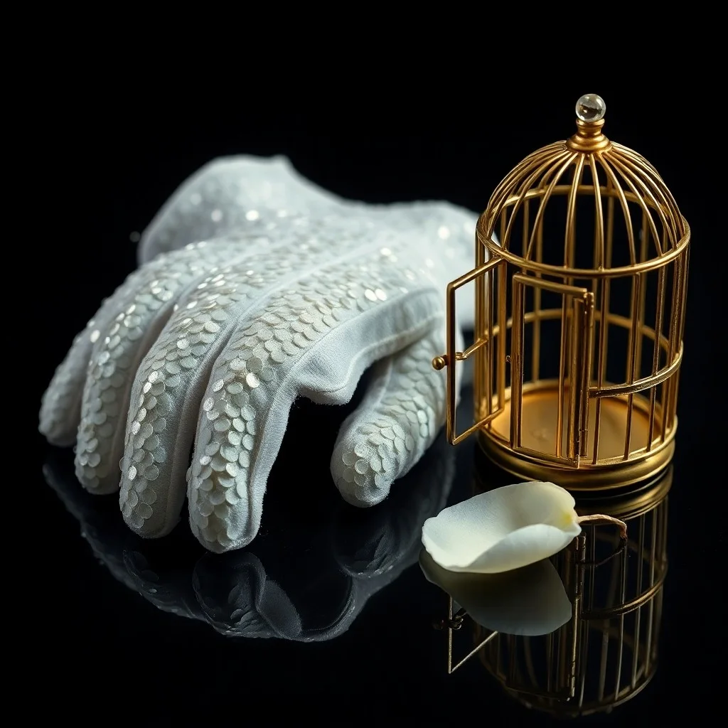 Pintura al óleo de una jaula dorada ricamente ornamentada, ligeramente abierta, con una única rosa blanca marchita en su interior. La luz dramática crea fuertes contrastes y sombras profundas, simbolizando la belleza atrapada y la fragilidad. Estilo barroco, enfocado en el detalle y la textura.