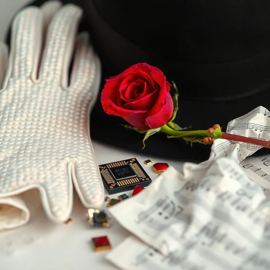 Micrófono vintage, partituras y guante blanco de Michael Jackson en un escritorio