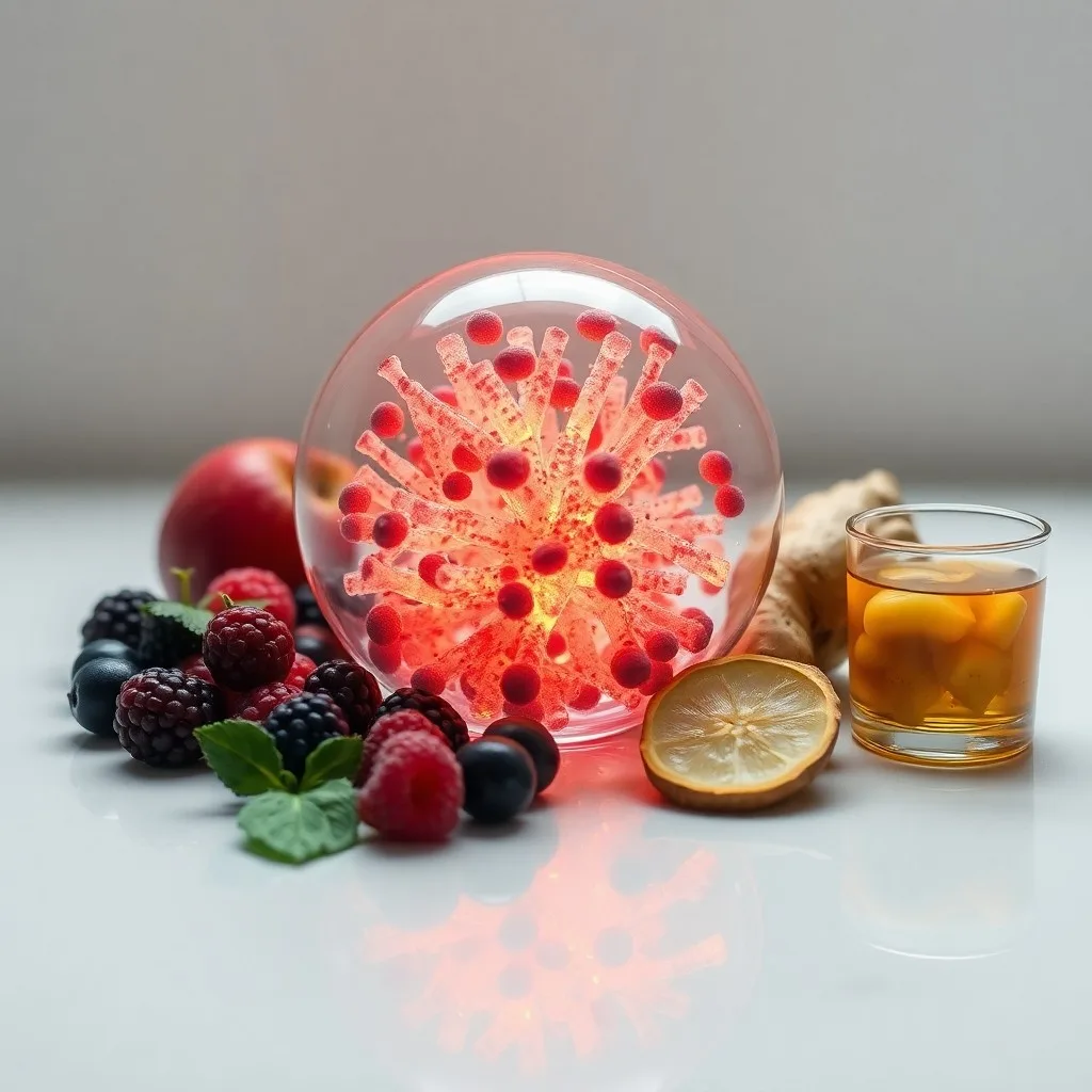 Fotografía macro de una placa de Petri con cultivos bacterianos coloridos y diversas frutas y verduras frescas, simbolizando la nutrición del microbioma.