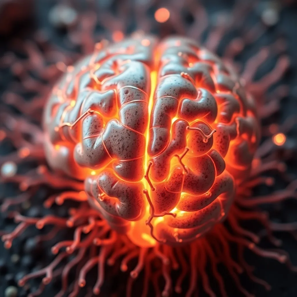 Escultura de cerebro de cristal con raíces que se conectan a una superficie terrestre, representando la interconexión entre la mente y el cuerpo.