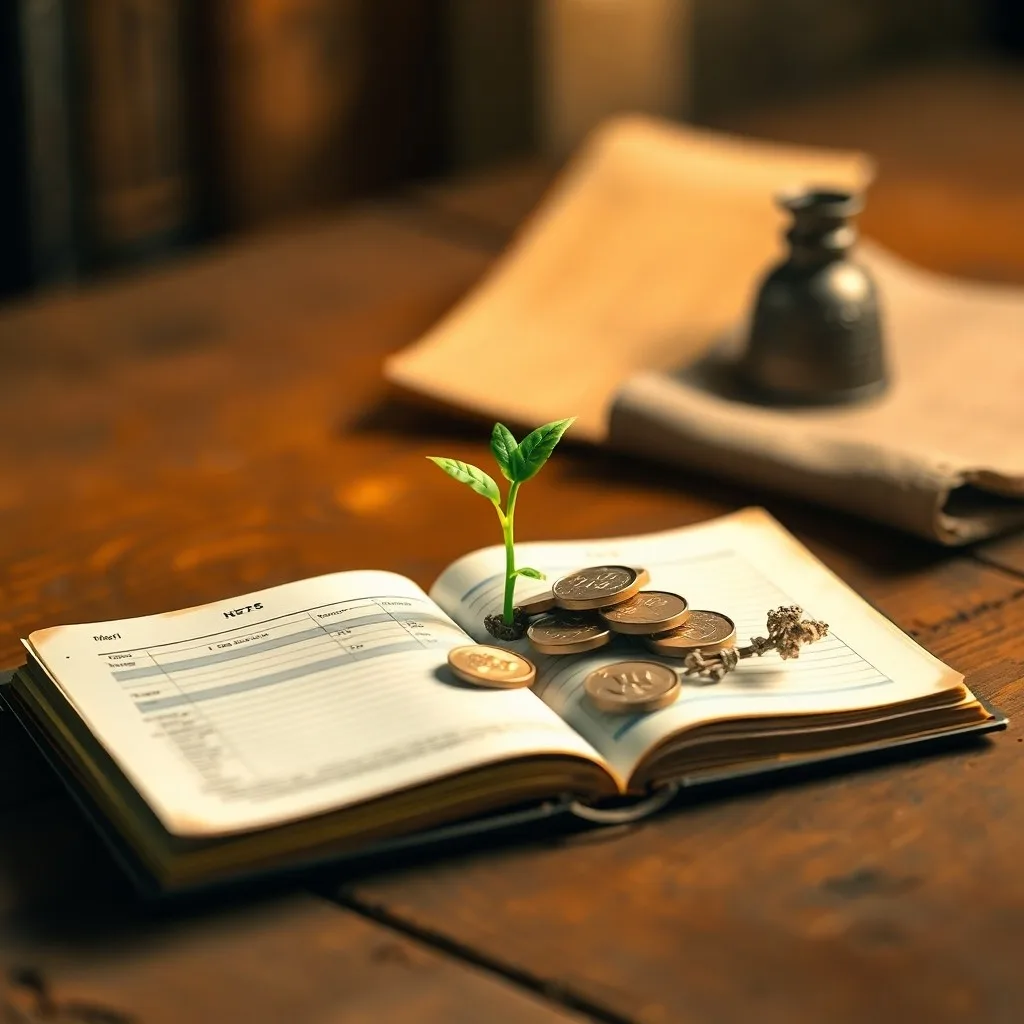 Abacus, planta en maceta, monedas antiguas y un libro de contabilidad abierto sobre un escritorio de madera, simbolizando la gestión financiera y el crecimiento de pequeños negocios.