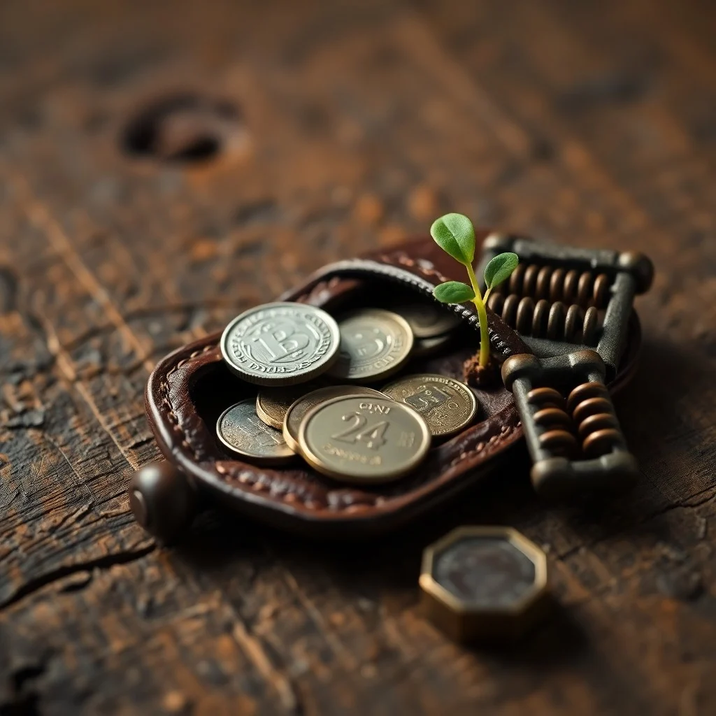 Libro de contabilidad antiguo abierto con un ábaco y monedas, representando la gestión financiera y la historia de los microcréditos.