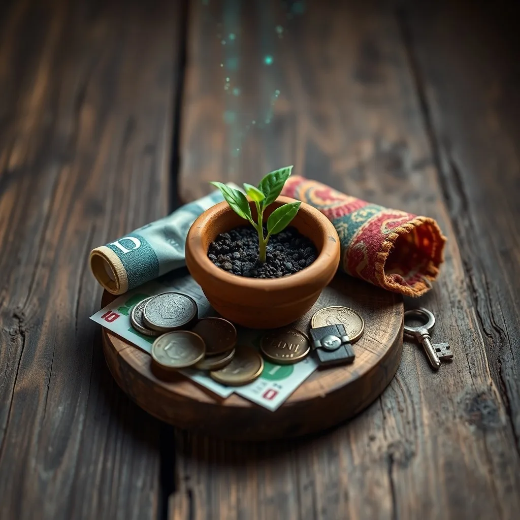 Una mesa rústica con un libro de contabilidad antiguo, una pluma y una canasta tejida con productos locales, iluminada por una bombilla, evocando el inicio de un negocio.
