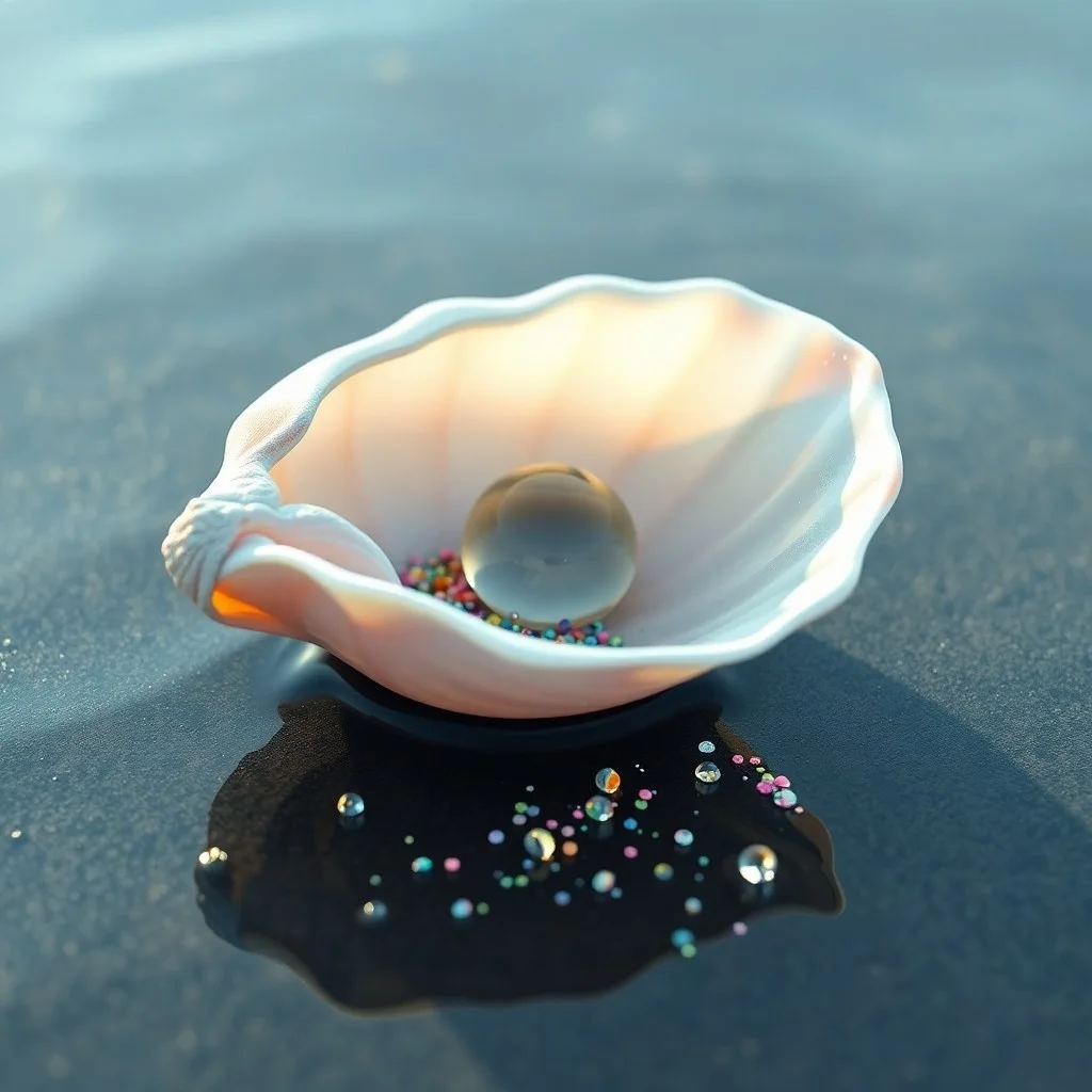 Ilustración 3D de vida marina entrelazada con fragmentos de plástico microscópicos brillantes, bajo el agua.