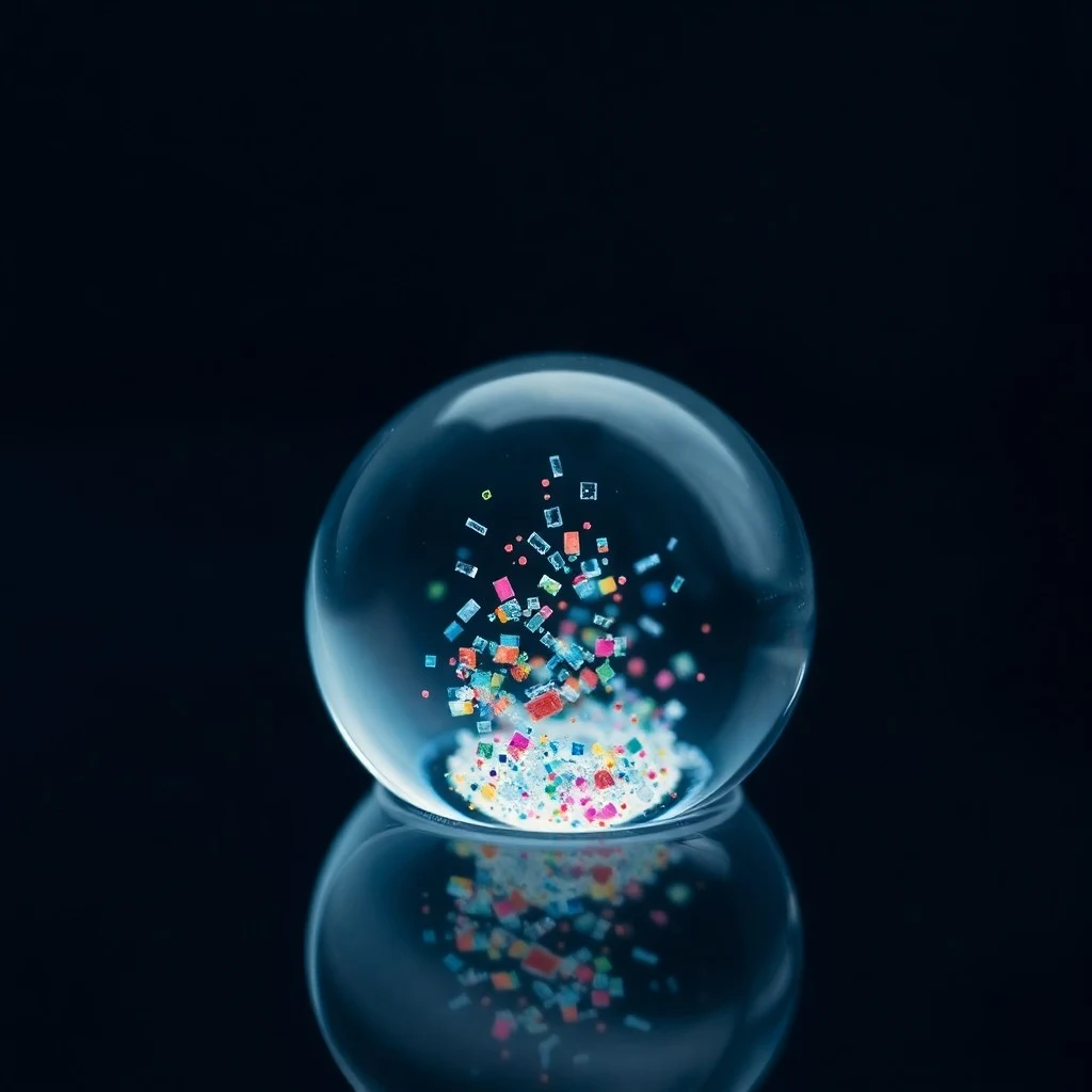 Mano humana sosteniendo un globo de cristal con agua y partículas iridiscentes, simbolizando la conexión y el desafío ambiental.