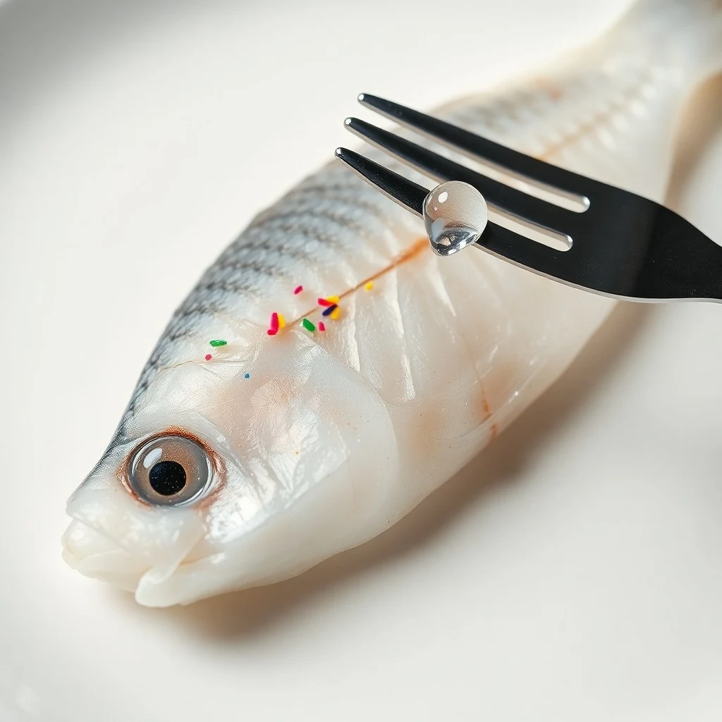 Bodegón cinematográfico de una mesa de cocina con alimentos contaminados por microplásticos invisibles.