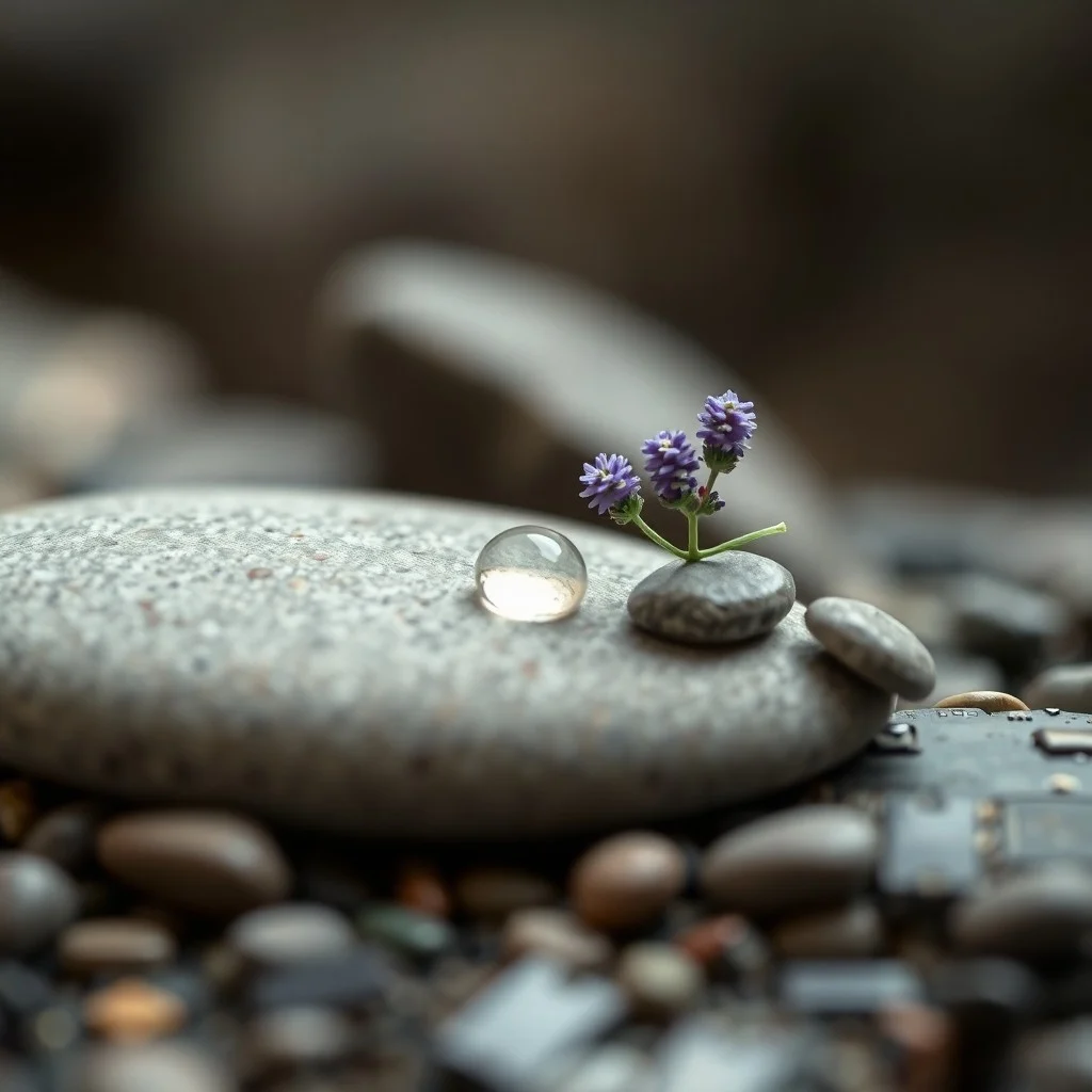 Fotografía cinematográfica de un cuaderno de cuero gastado con una piedra de meditación y una taza de té, iluminado cálidamente en un escritorio de madera.