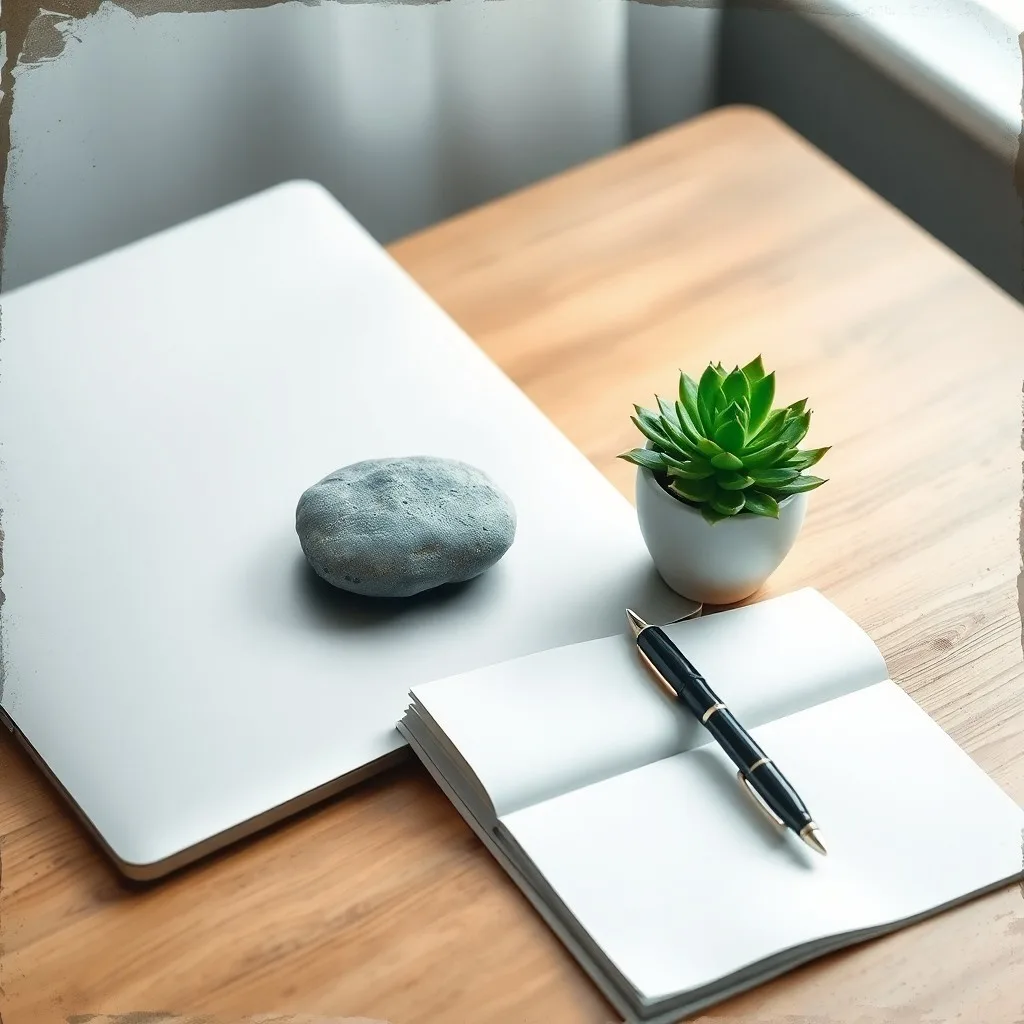 Una pila de piedras perfectamente equilibradas sobre un escritorio de madera, simbolizando la calma y la concentración en el entorno de trabajo.