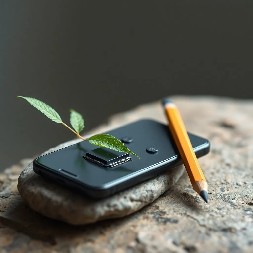 Fotografía cinematográfica de un escritorio organizado con un portátil de alto rendimiento y herramientas de oficina esenciales como un bolígrafo y un cuaderno, con un fondo sutilmente desenfocado.