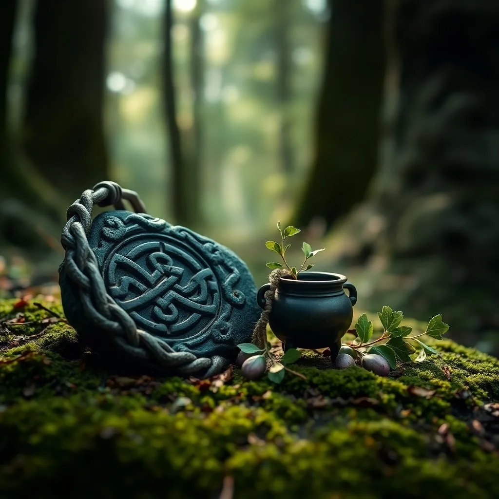 Naturaleza muerta cinematográfica de artefactos celtas antiguos: un torc de bronce, un hacha de piedra y un pergamino con escritura Ogham.