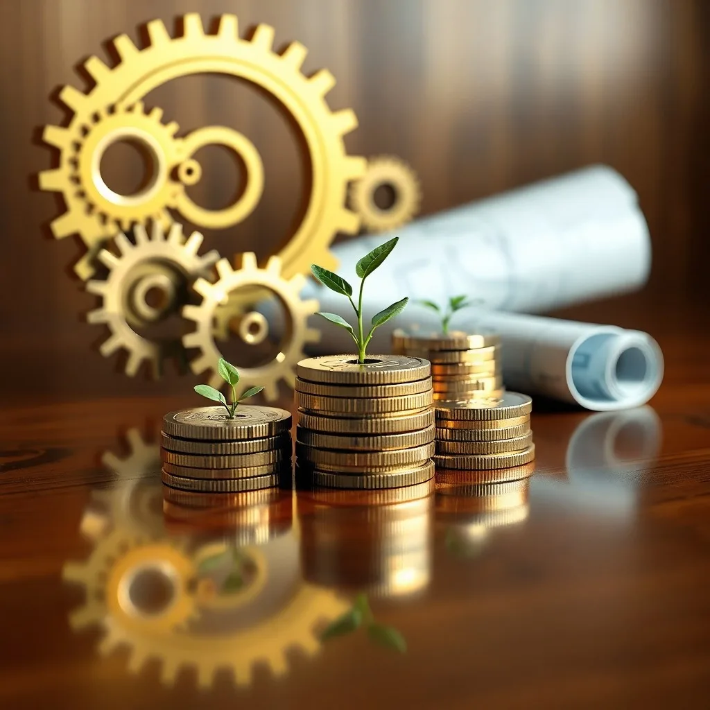 Pila de informes empresariales y lupa, simbolizando crecimiento y análisis estratégico.