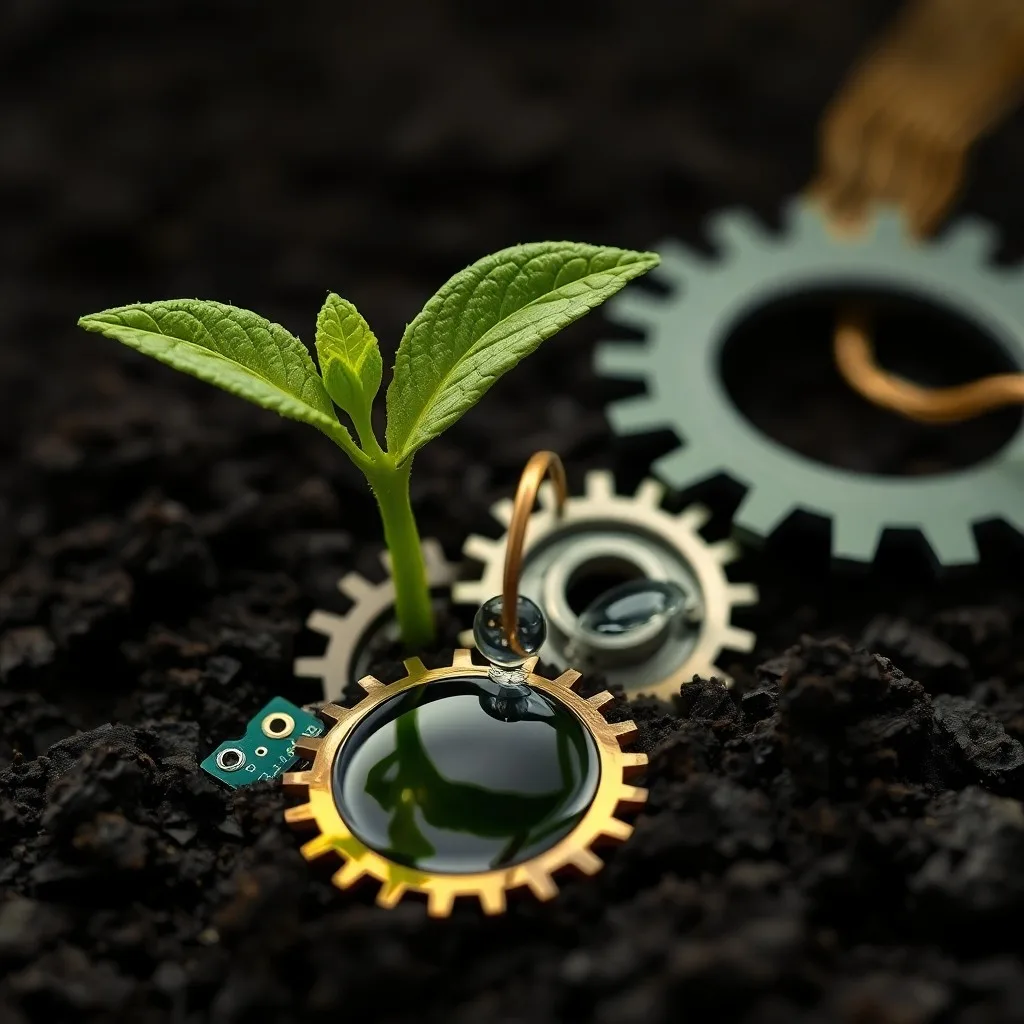 Bodegón de un dispositivo electrónico desensamblado con herramientas de reparación y una planta, simbolizando la extensión de la vida útil de los productos.