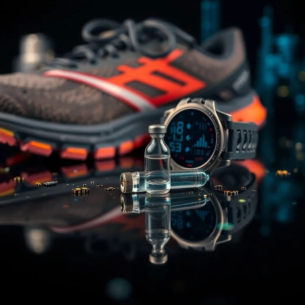 Dispositivos de monitorización biométrica avanzados como relojes GPS, monitores de frecuencia cardíaca y sensores de potencia, dispuestos sobre una superficie oscura con iluminación técnica.