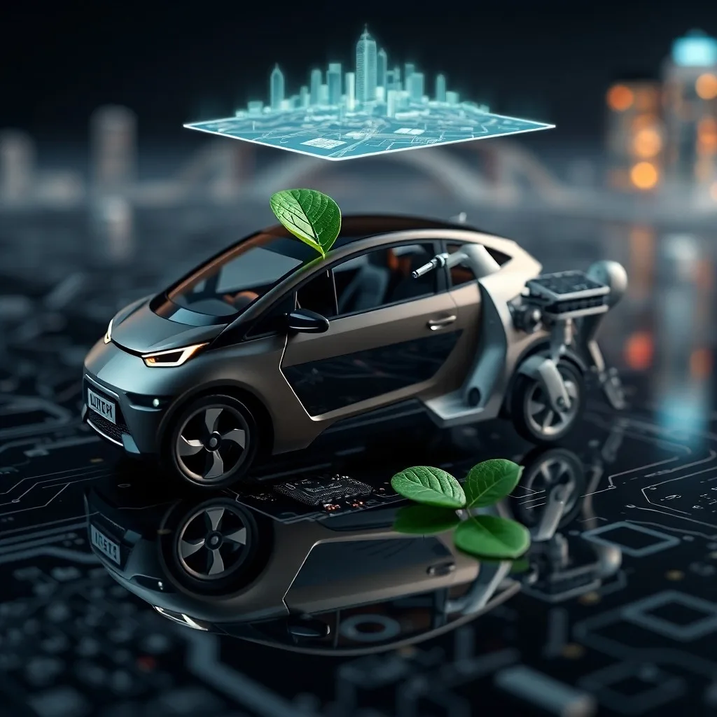 Escritorio con modelo de coche autónomo, casco de patinete eléctrico y tablet con mapa de transporte, iluminado dramáticamente.
