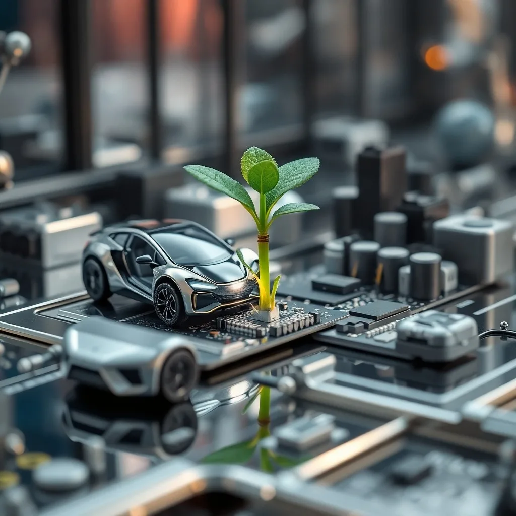 Composición abstracta de formas geométricas y líneas que representan una red de datos de ciudad inteligente, con nodos luminosos y elementos de carga de vehículos eléctricos.