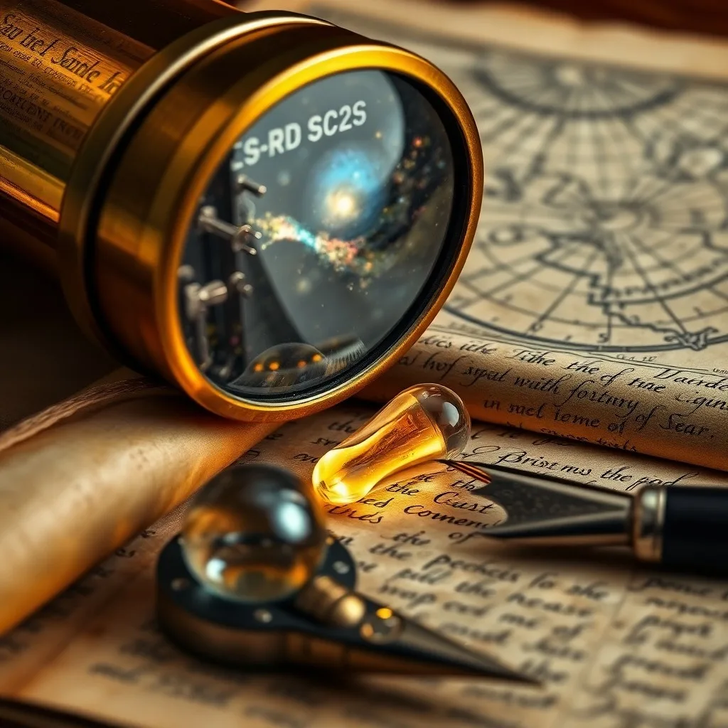 Un antiguo telescopio de latón sobre un escritorio de madera, rodeado de cartas estelares amarillentas y una pluma de ave, iluminado por una suave luz de vela.