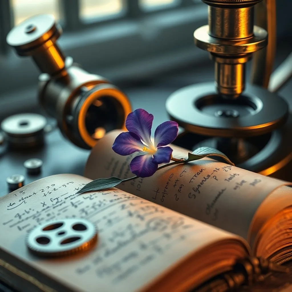 Un escritorio vintage con un diario científico abierto, una pluma de ave y una lupa sobre un mapa estelar descolorido, simbolizando la dedicación científica de antaño.