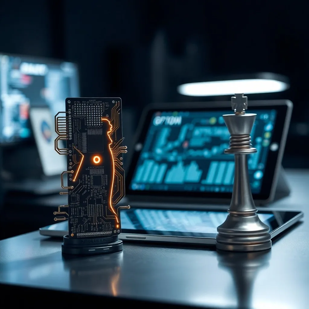 Representación 3D de un escritorio futurista con una pantalla holográfica mostrando gráficos de crecimiento y un objeto abstracto que simboliza el pensamiento disruptivo.