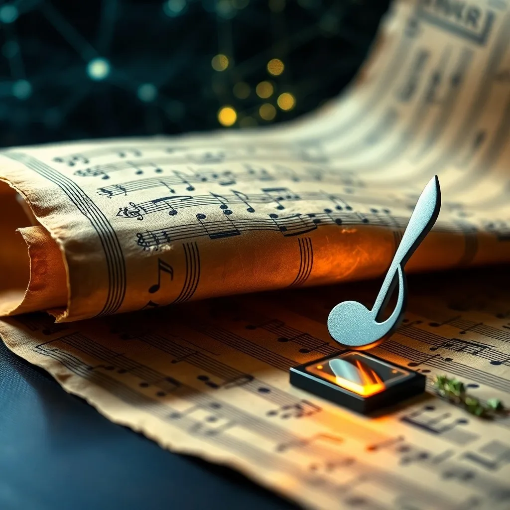 Gramófono antiguo con luz azul, proyecciones holográficas de partituras y algoritmos, libro de código y notación musical, fotografía macro