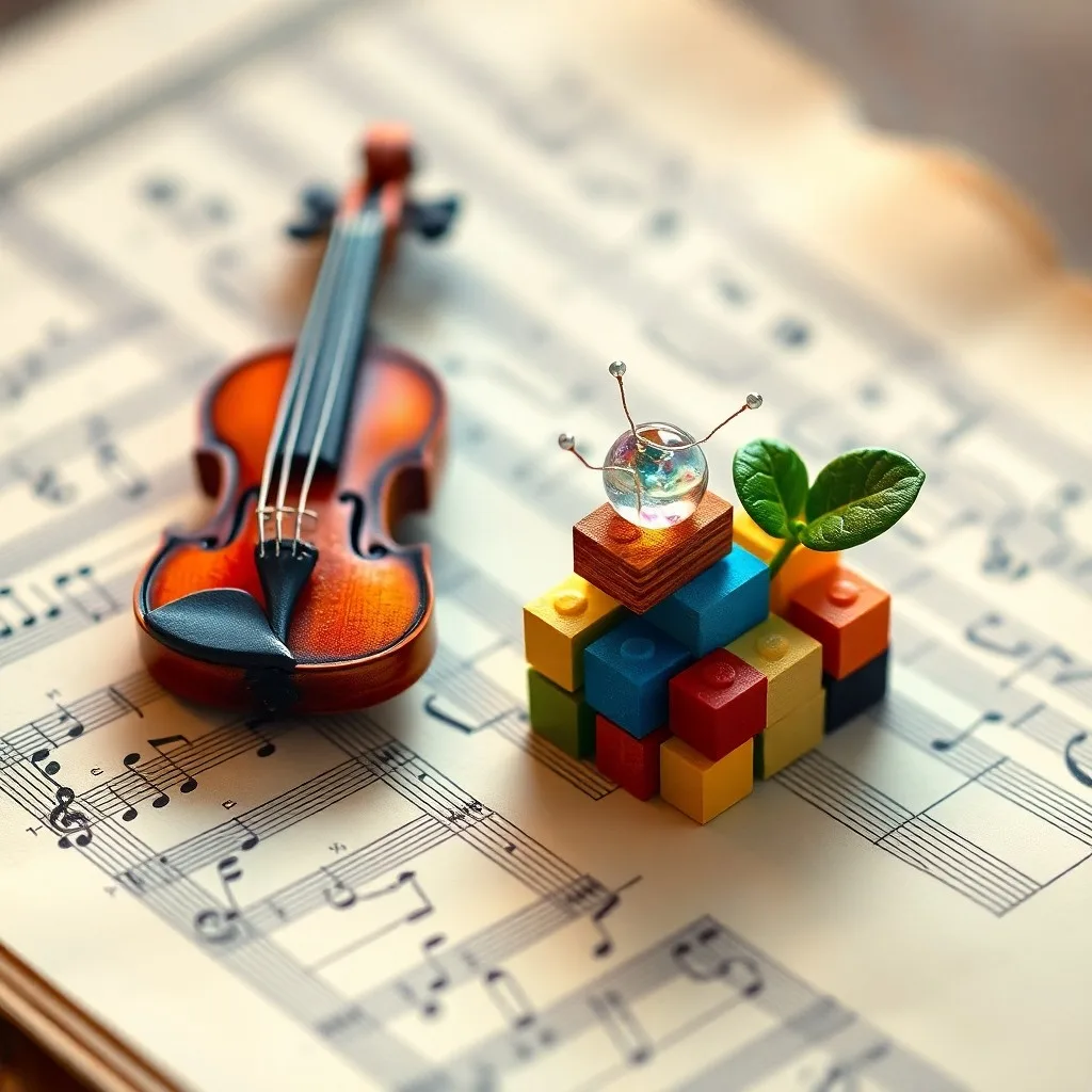 Pintura acuarela de un ábaco antiguo sobre una partitura de música clásica, representando la conexión entre matemáticas y música.