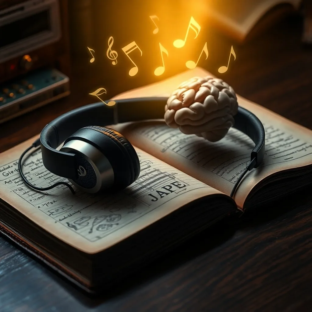 Bodegón 3D de un escritorio de estudio con un libro abierto, auriculares minimalistas y una taza de té, bajo una luz enfocada.