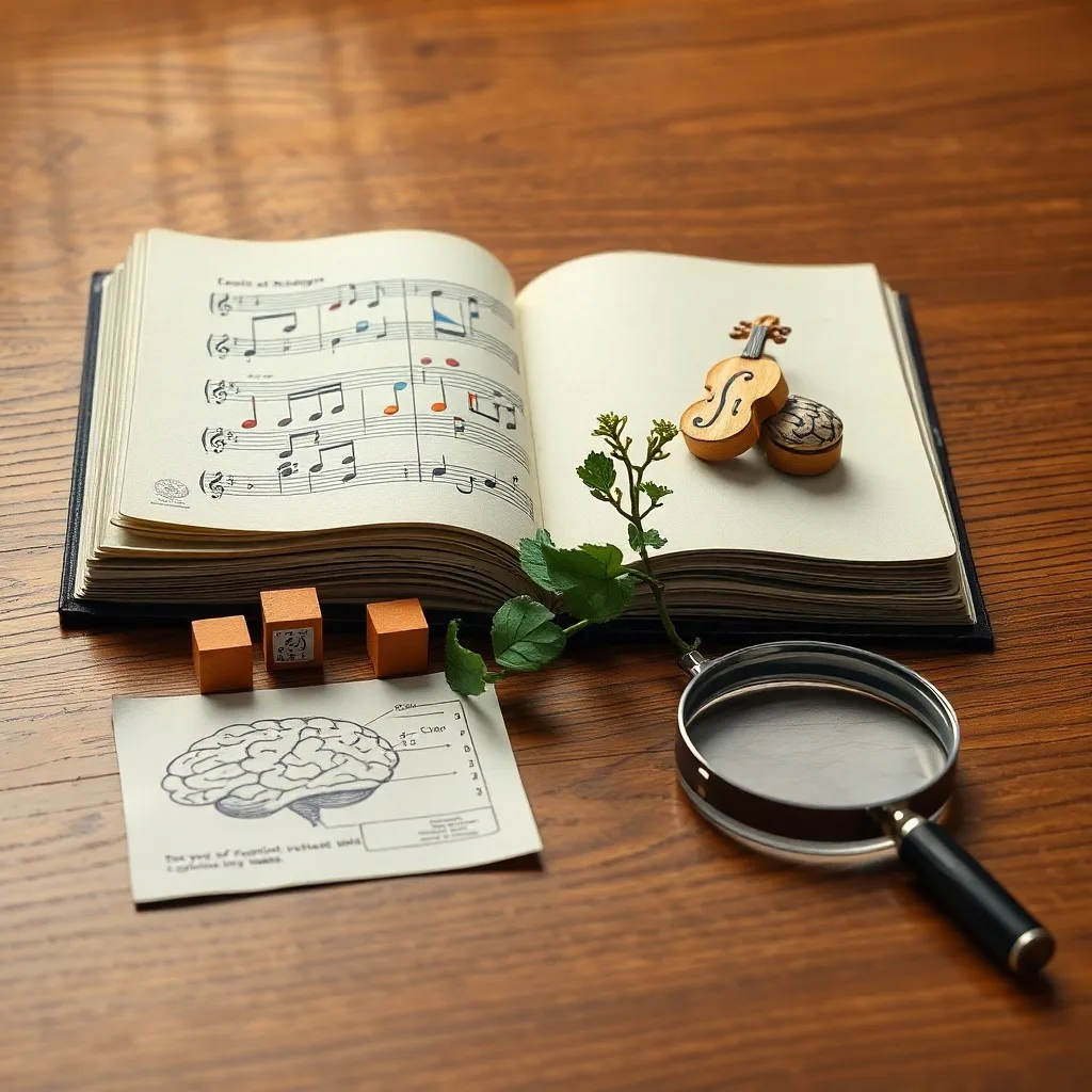 Notas musicales y símbolos fusionándose con formas geométricas y ecuaciones, representando la conexión entre música y habilidades lógico-matemáticas.