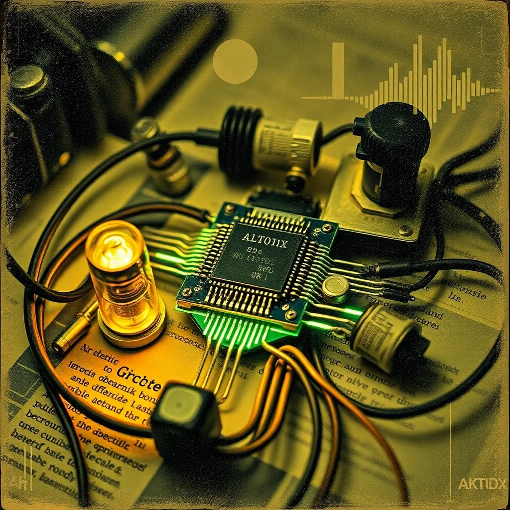 Vista macro de las antenas y controles de un Theremin vintage, con iluminación cálida y un enfoque en los detalles intrincados del instrumento.