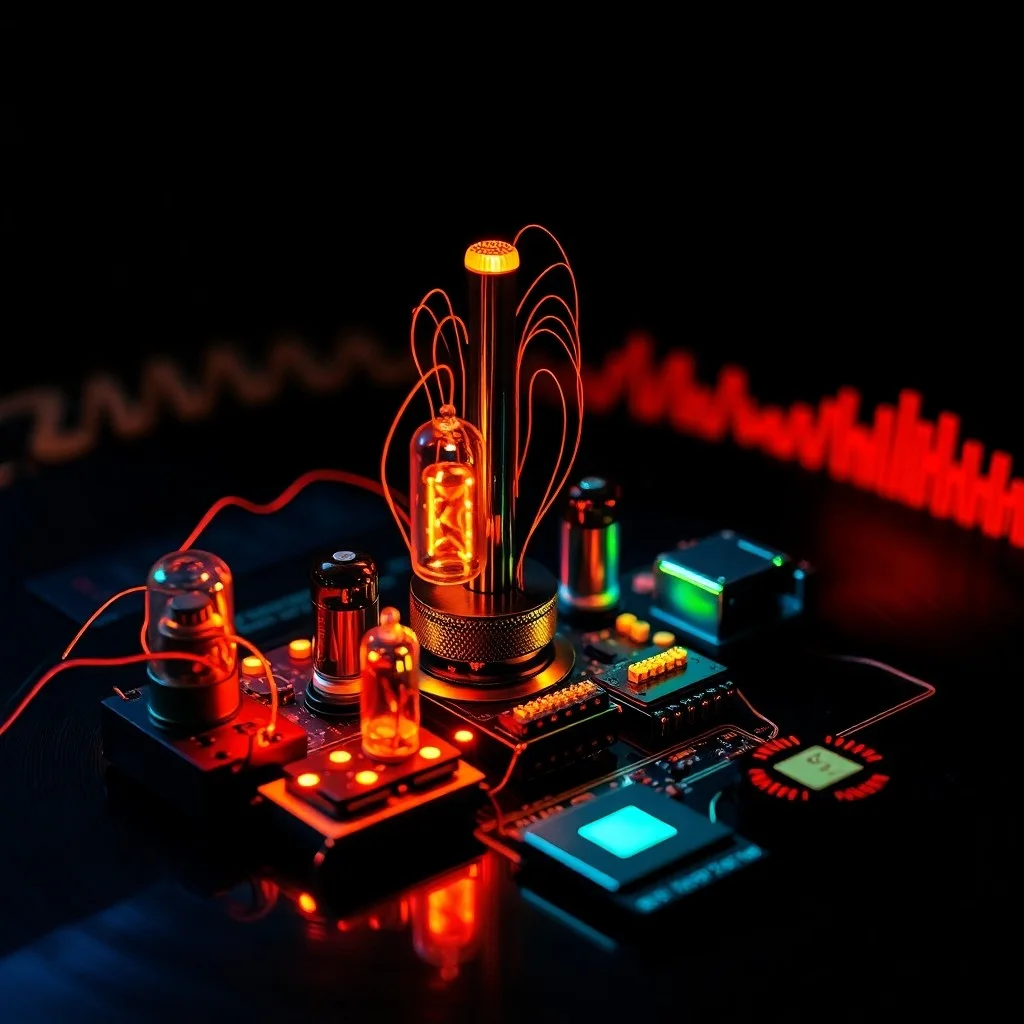 Renderizado 3D isométrico de flujos de datos abstractos y nodos brillantes que forman una partitura musical en un fondo oscuro, simbolizando la inteligencia artificial componiendo música.