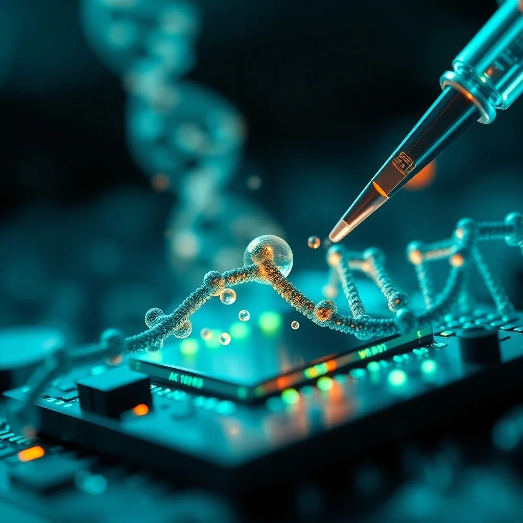 Arte conceptual de una célula humana estilizada con vehículos de entrega brillantes (nanopartículas) apuntando a receptores específicos