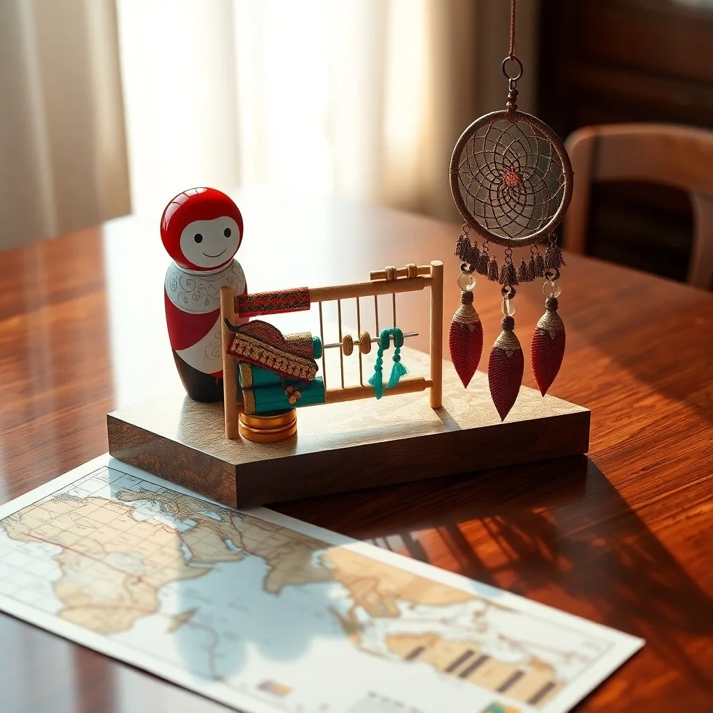 Una maleta de negocios vintage abierta sobre una mesa de madera, con un juego de té asiático, una escultura africana, un pasaporte europeo y una tableta mostrando gráficos de negociación. Iluminación suave y detallada.