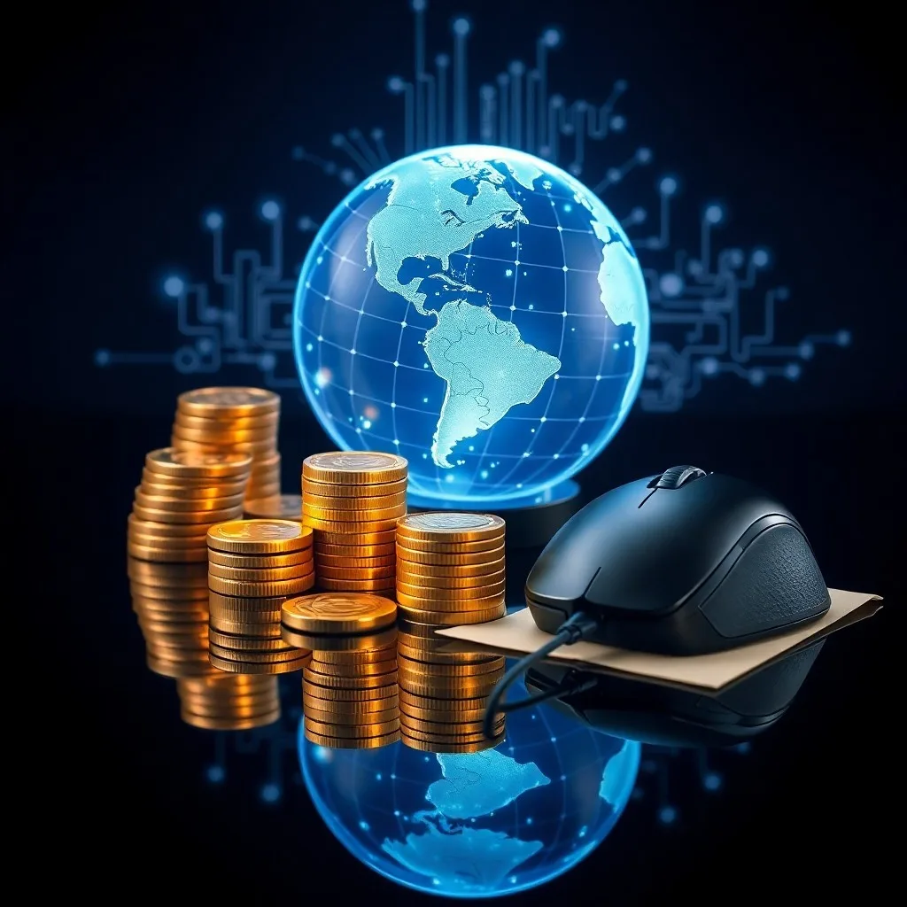 Escritorio con informes financieros, un trofeo de eSports y una tablet con un logo corporativo, simbolizando la inversión y estrategia en la industria del gaming.