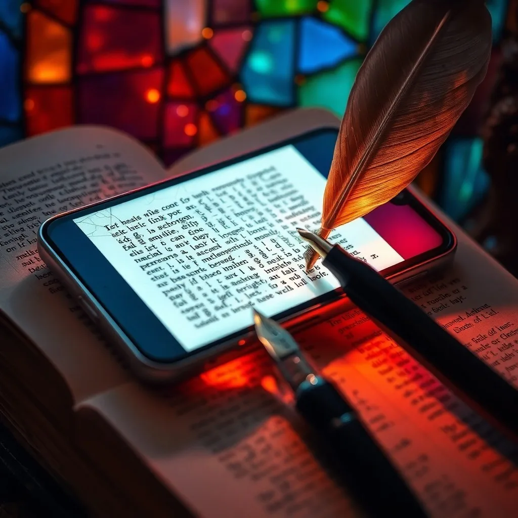 Renderizado 3D conceptual de un flujo etéreo de datos que se vierte en un libro abierto estilizado, con palabras y fragmentos de código emergiendo de sus páginas, sobre un fondo degradado de azules y morados, simbolizando la evolución lingüística.