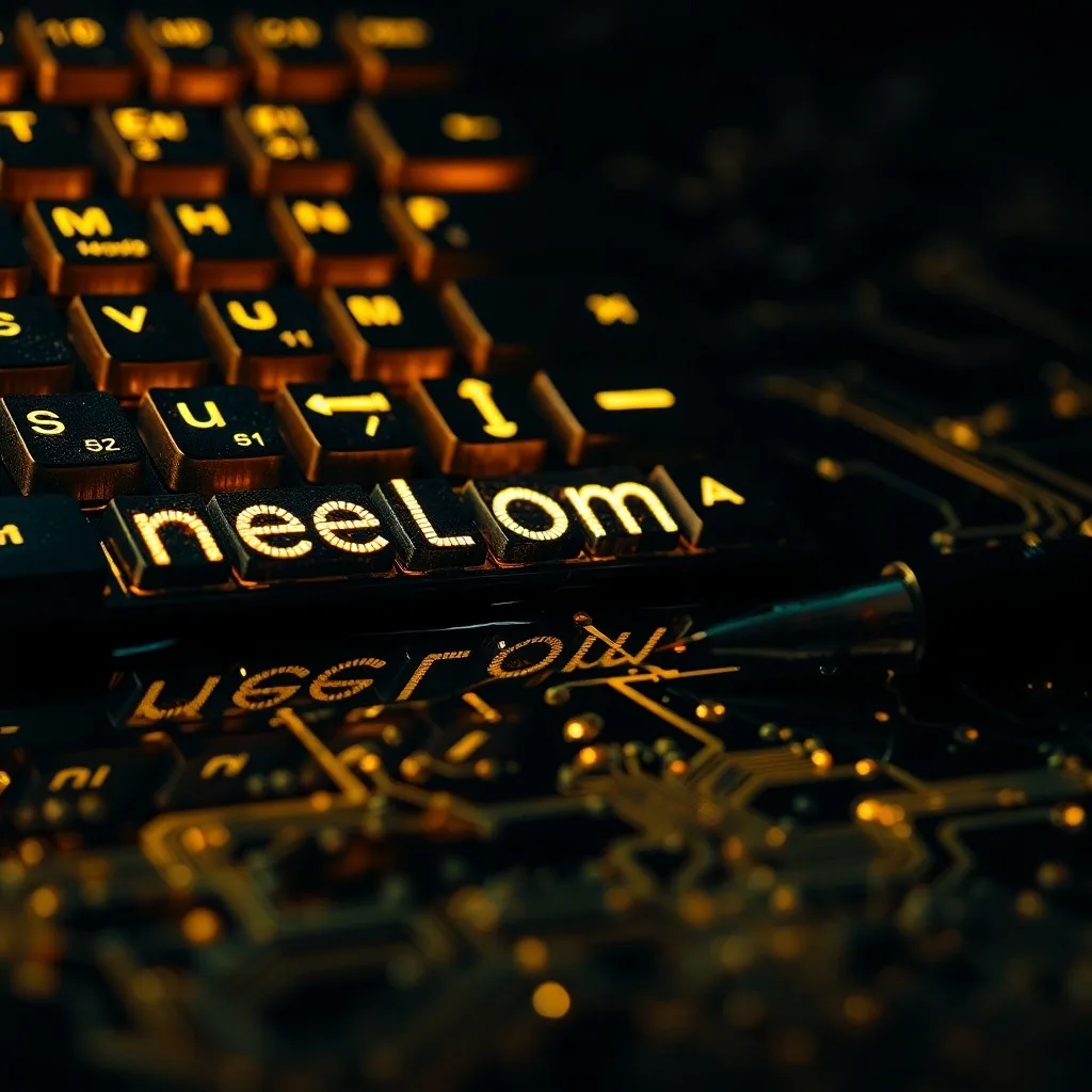 Una máquina de escribir vintage con teclas holográficas que proyectan texto digital, rodeada de fragmentos de placas de circuito y cables de fibra óptica, con iluminación cinematográfica y enfoque macro.