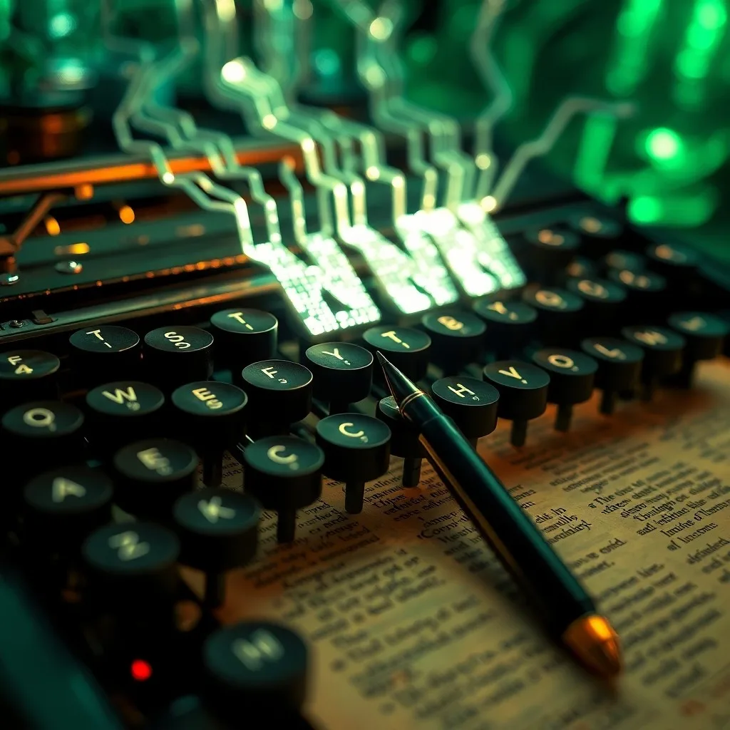 Un pergamino antiguo desenrollándose en una cascada de código binario y emojis modernos, con herramientas de comunicación que evolucionan desde el papiro hasta pantallas táctiles brillantes, en un estilo surrealista y vibrante.
