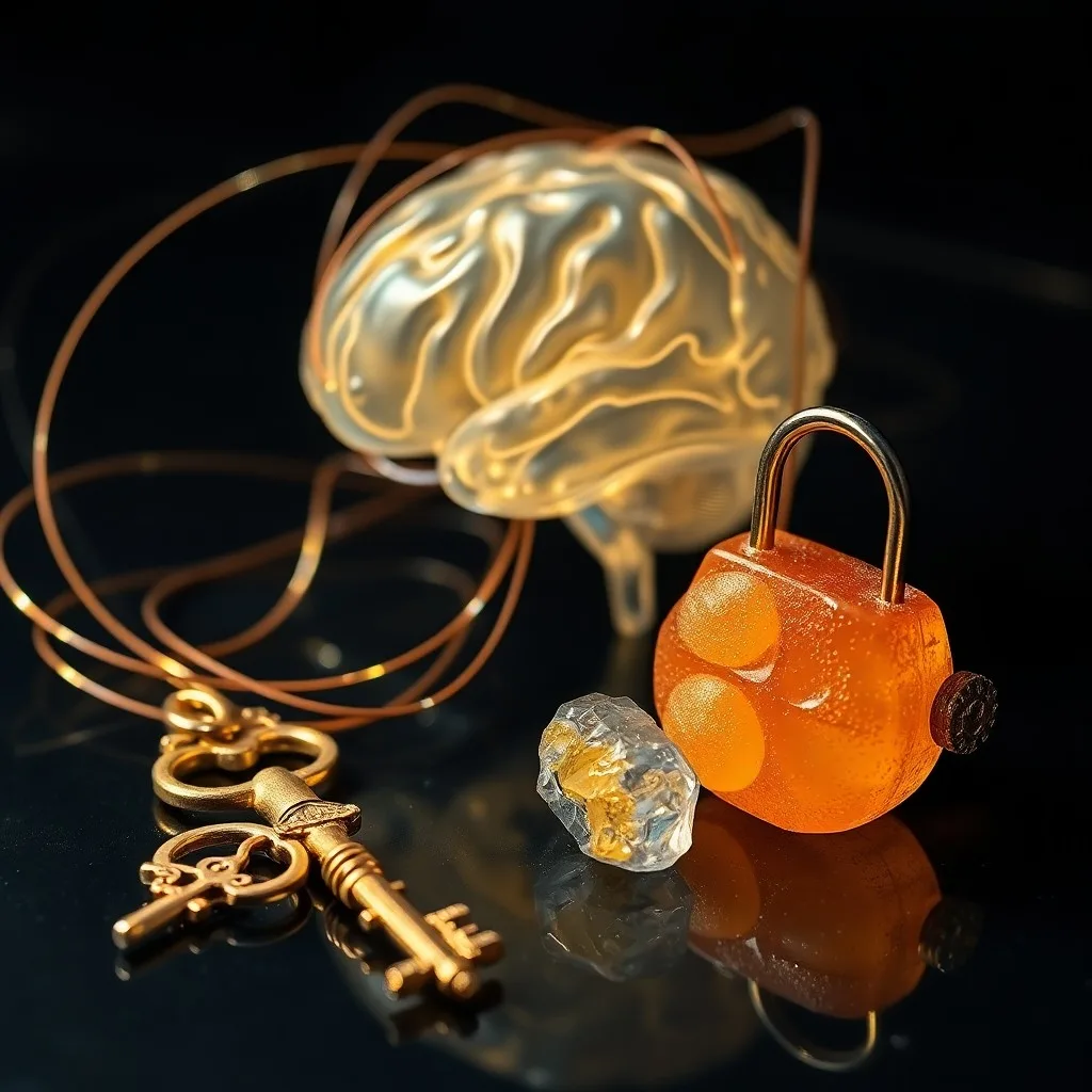 Fotografía macro de una colección de instrumentos científicos antiguos sobre un escritorio de madera pulida, incluyendo un microscopio vintage, un modelo cerebral anatómico y diagramas de moléculas de neurotransmisores en un cuaderno de laboratorio.